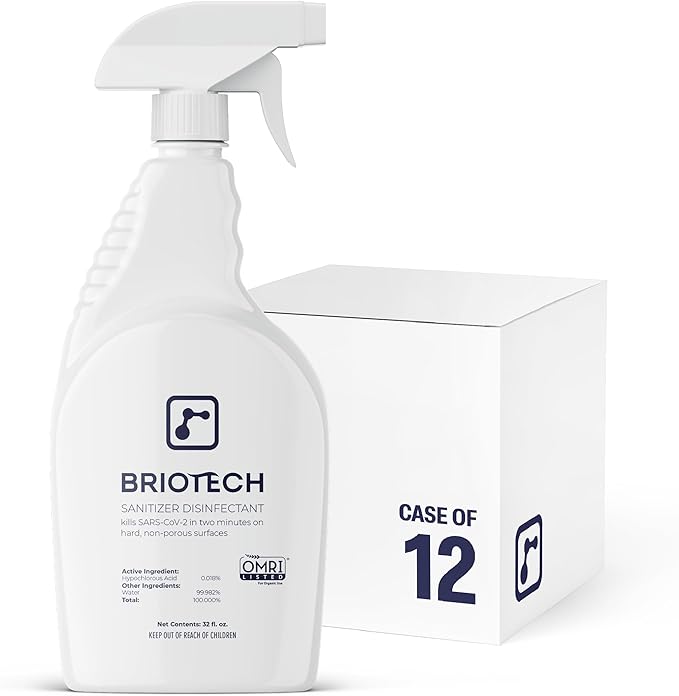 BRIOTECH Extra Strength HOCl Cleaner, 500 PPM Hypochlorous Acid Concentrate, ULV Foggers & Humidifiers, Professional Deodorizer for Dental, Offices, Schools, Homes, Peroxide Free, 32 fl oz (12 Pack)