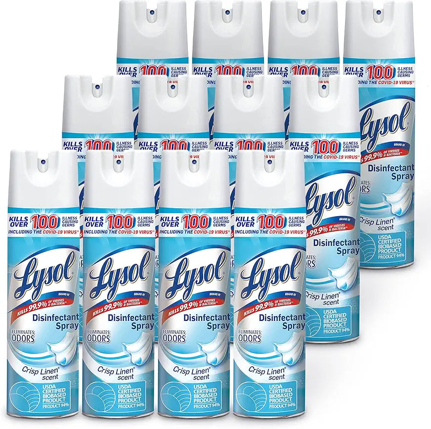 Lysol Disinfectant Spray, Household Essential Cleaning Supplies, Multi-Purpose Room Spray, Antibacterial Sanitizer Spray, Upholstery Deodorizer, Home and Bathroom, Crisp Linen,19 Fl Oz (Pack of 12)