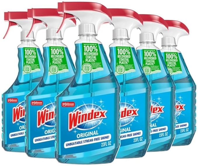 Windex Glass and Window Cleaner Spray Bottle, Bottle Made from 100% Recycled Plastic, Surface Cleaning Spray, Original Blue Scent, 23 Fl Oz (Pack of 6)
