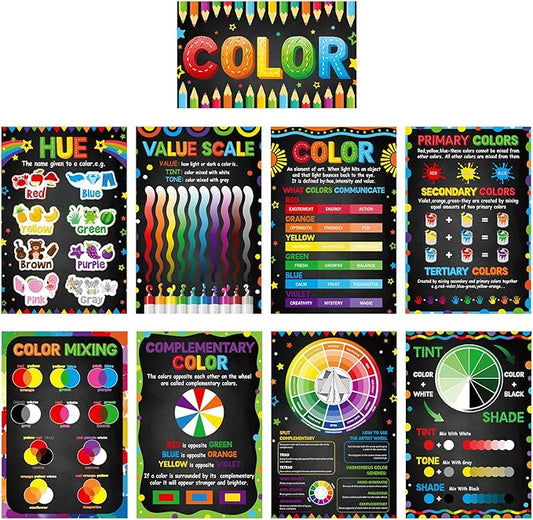 Outus 9 Pcs Art Posters Classroom Decoration Color Theory Knowledge Bulletin Board Set Elements of Art Design Educational Wall Door Decor for Elementary Middle High School Teacher Supplies