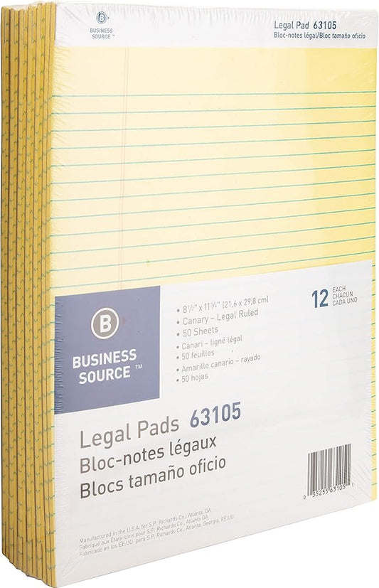 Business Source Micro-Perforated Legal Ruled Pads, Canary Paper, 8-1/2"x11-3/4" (63105) - Pack of 12