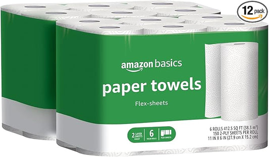 2-Ply Flex-Sheets Paper Towels, 12 Basics Rolls = 32 Regular Rolls, Everyday Value with 150 Sheets per Roll