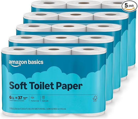 2-Ply Soft Toilet Paper, 30 Rolls (5 Packs of 6), Equivalent to 185 Regular Rolls, Packaging May Vary