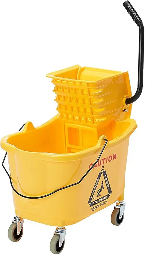 Side Press Wringer Combo Commercial Floor Cleaning Rectangular Mop Bucket on Wheels, 35-Quart, Yellow