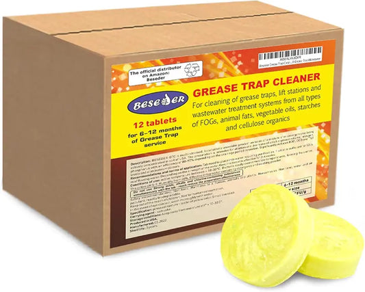 'Beseder grease trap cleaning tablets for grease decomposition, grease trap treatment and odor removal from grease trap containers (in 1 box with 12 tablets)