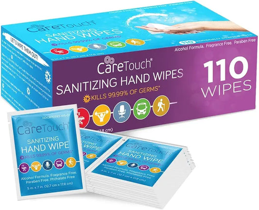 Care Touch Hand Sanitizer Wipes - 110 Hand Wipes Individually Wrapped - Travel Size - Sanitizing Wet Wipes for Home, Office & Outdoor Use