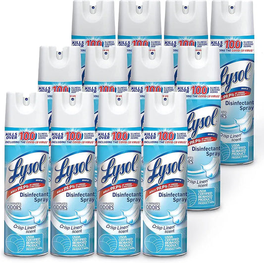 Lysol Disinfectant Spray, Household Essential Cleaning Supplies, Multi-Purpose Room Spray, Antibacterial Sanitizer Spray, Upholstery Deodorizer, Home and Bathroom, Crisp Linen,19 Fl Oz (Pack of 12)