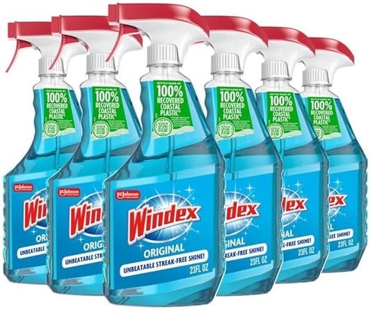 Windex Glass and Window Cleaner Spray Bottle, Bottle Made from 100% Recycled Plastic, Surface Cleaning Spray, Original Blue Scent, 23 Fl Oz (Pack of 6)